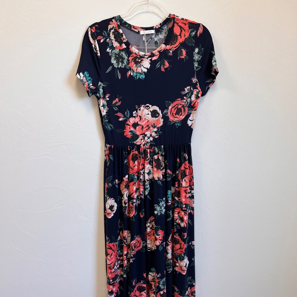 Pink Blush Navy Blue Floral Short Sleeve Maternity Maxi Dress